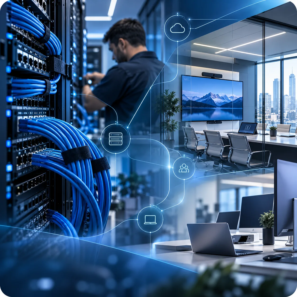Illustrative composite of organized network cabling, a technology professional at work, and a connected business conference room